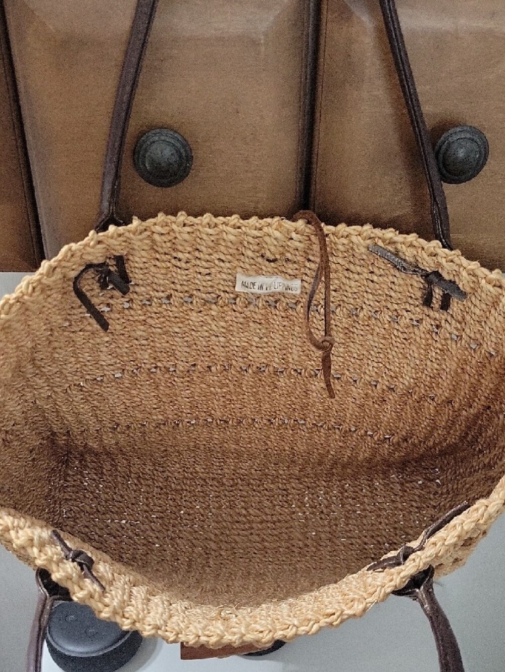 Woven Straw Tote Bag with Brown Leather Handles - Picture 2 of 2